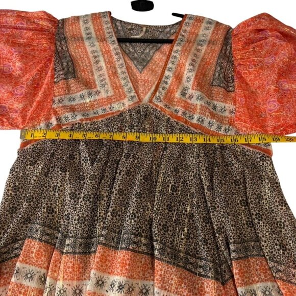 Free People Boho Chic Long-Sleeve Peasant Top With Orange & Black Patterned - Picture 13 of 14